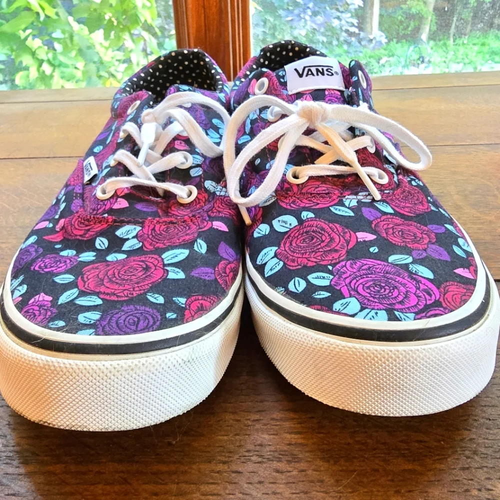 Vans Black Canvas Sneakers with Pink and Teal Floral Design - Picture 2 of 6